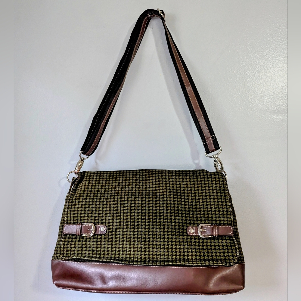 Y2K Vintage Tommy Hilfiger Wool & Leather Houndstooth Messenger Bag Brown Green - Picture 2 of 13